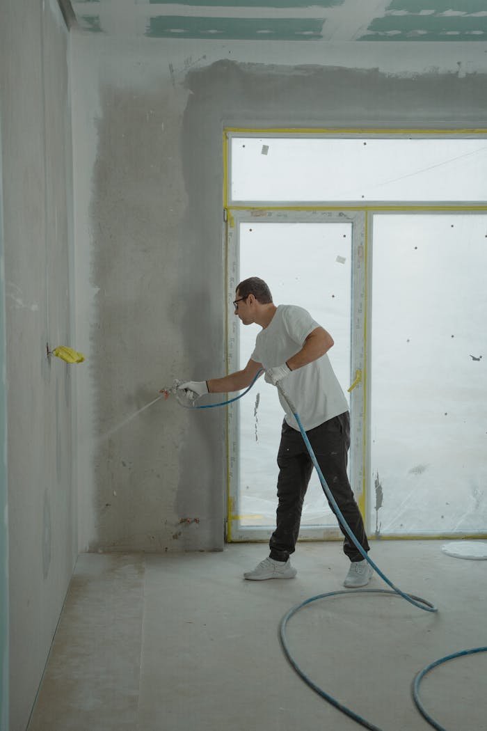 Nos Services A man uses a spray gun to paint an interior wall in a room under renovation.